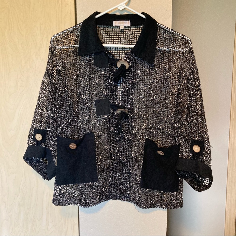Vtg Florence Paris 1/2 XS Black Net Layering Tunic Button Jacket Lagenlook Boho